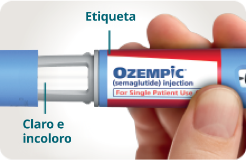 Mano sosteniendo una pluma de Ozempic® muestra la etiqueta y que la pluma es transparente e incolora 
