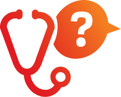 Ícono de un estetoscopio con un globo de conversación que tiene un signo de interrogación